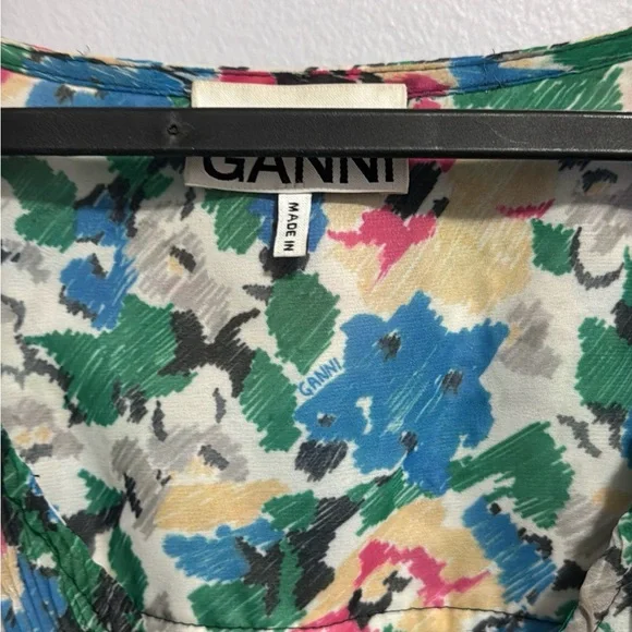 GANNI Pleated Georgette V-Neck Smock Midi Dress Floral Azure Blue Size 36 (M) - Picture 4 of 9